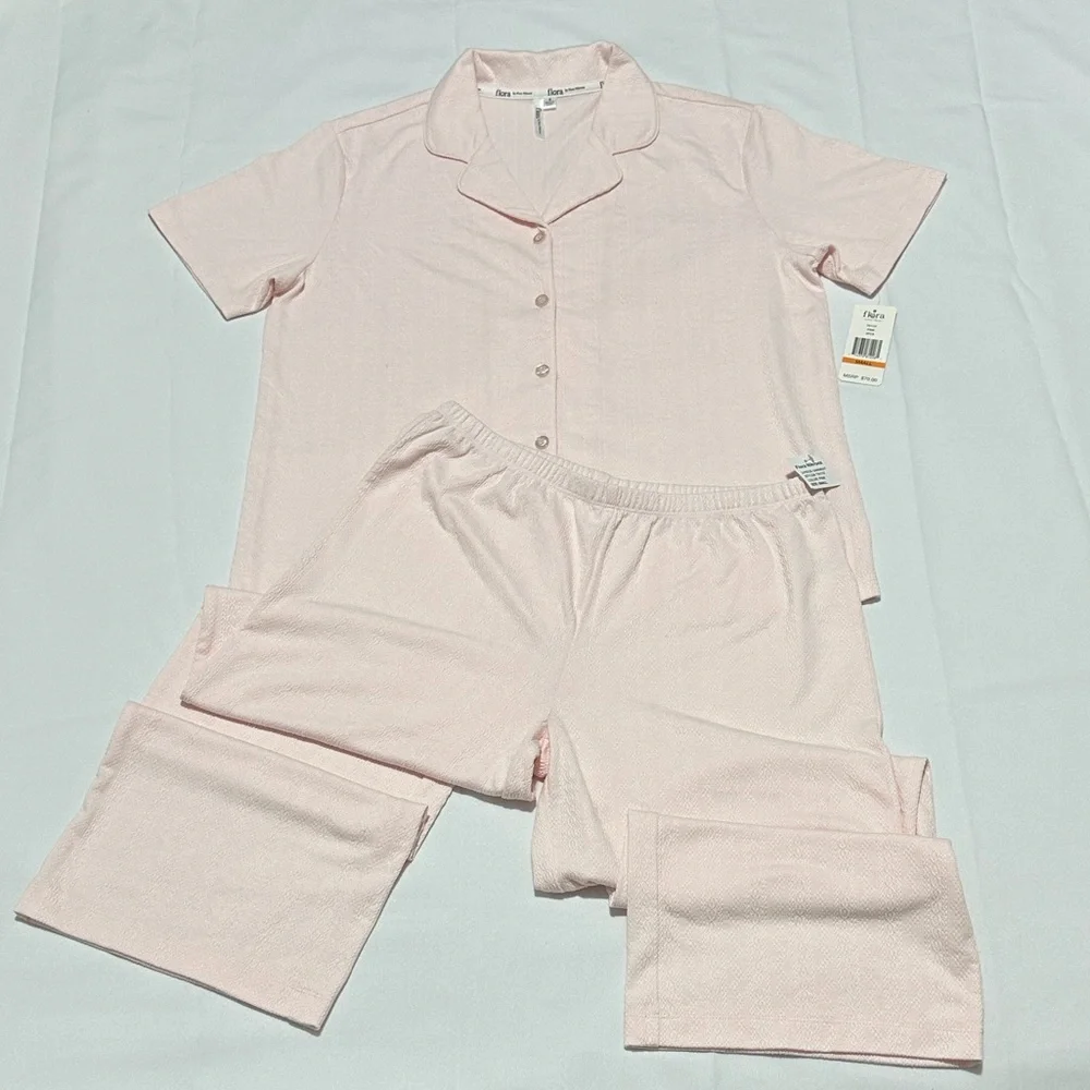 FLORA BY FLORA NIKROOZ Pink 2pc Luisa Textured Notch Collar Pajama Set